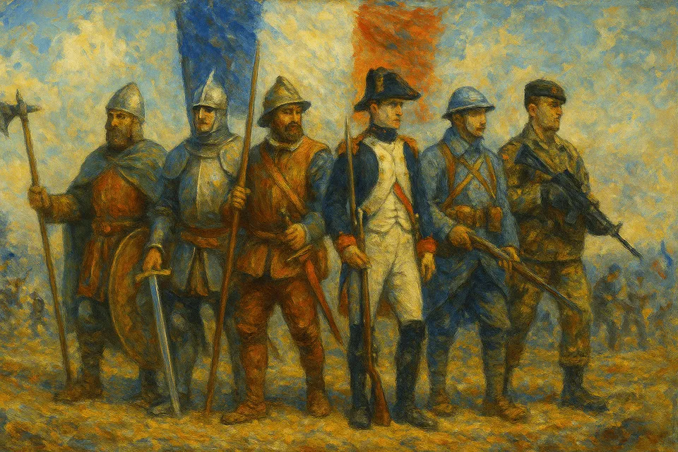 Illustration französischer Soldaten aus verschiedenen Epochen, vom Mittelalter bis zum Zweiten Weltkrieg