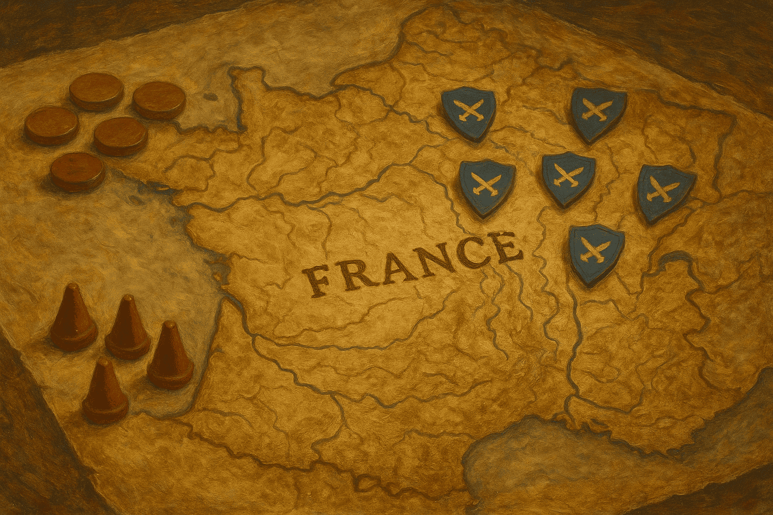 Carte ancienne de la France avec des pions militaires simulant un plan de bataille historique