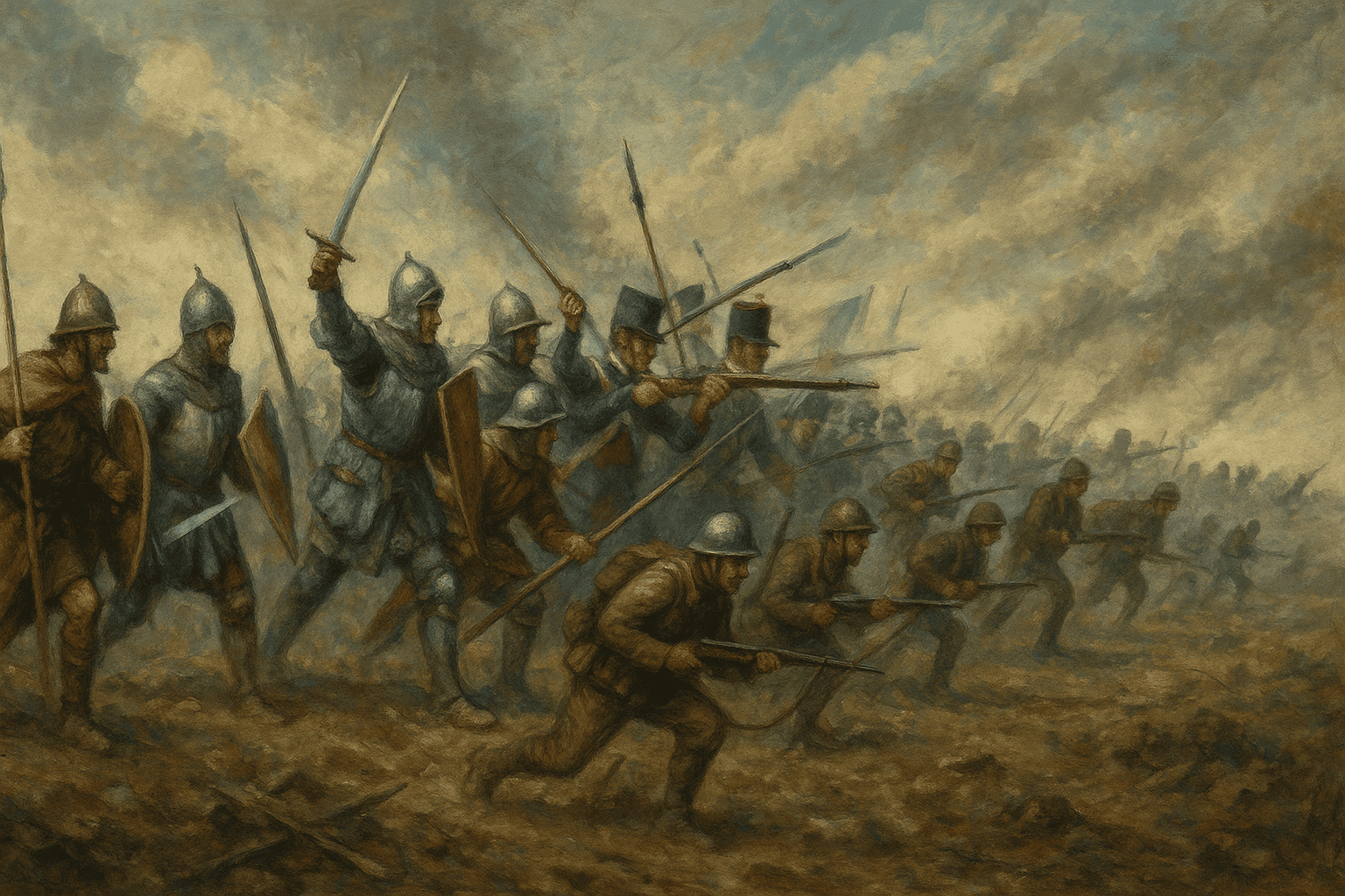 Illustration d'un champ de bataille représentant des soldats français combattant à travers différentes époques historiques